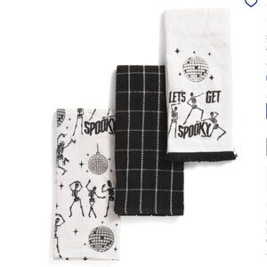 NEW CUPCAKES & CASHMERE Set Of 3 Skeleton Disco Kitchen Towels black white